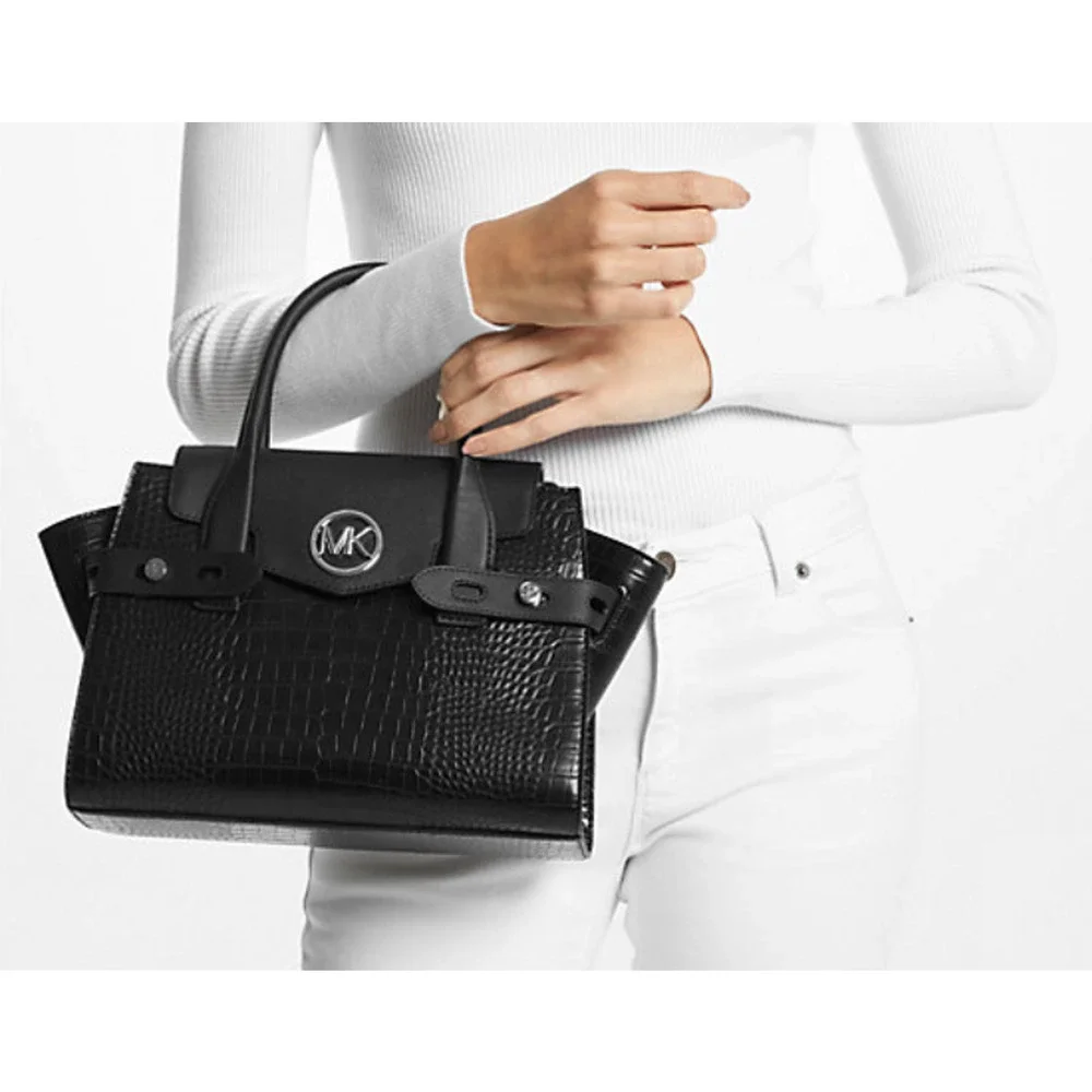 Michael Kors Carmen Black Leather Crocodile Embossed Flap Satchel Bag - NWT $598